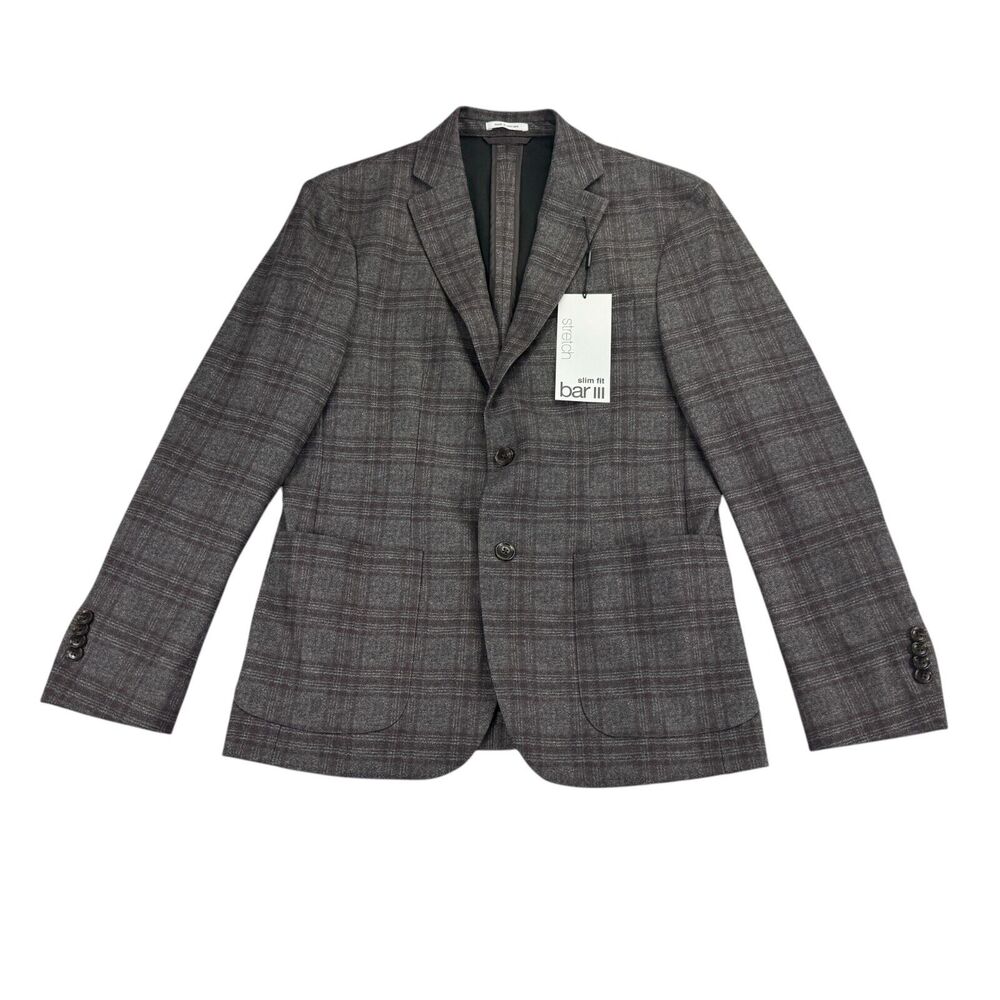 Bar III Mens Slim Fit Knit Plaid Stretch Sport Coat Brown 38S
